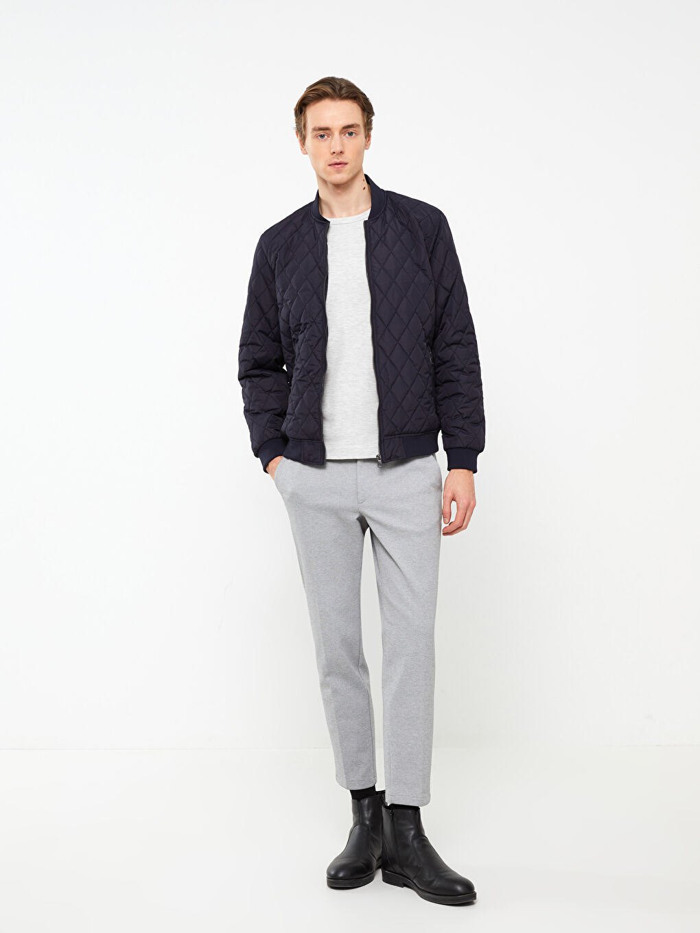 Lacivert Standart Kalıp Kolej Yaka Erkek Bomber Mont-1