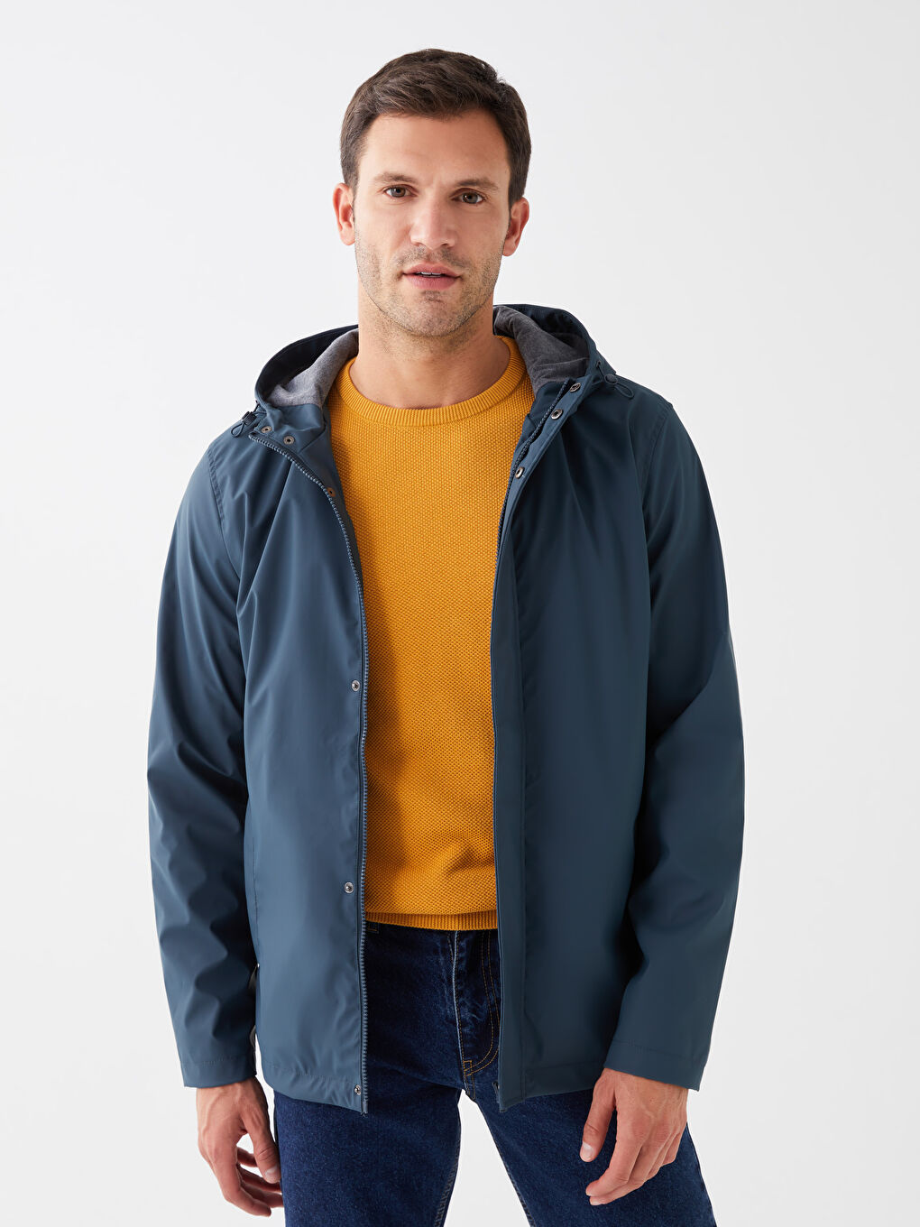 Gri Standart Kalıp Kapüşonlu Erkek Yağmurluk-1