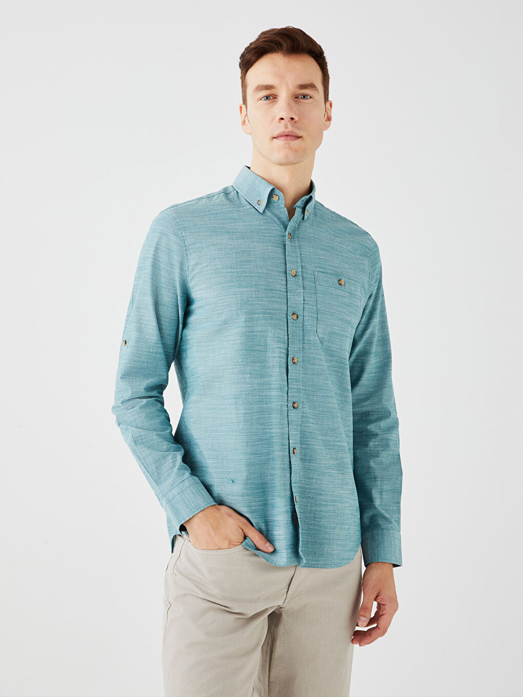Regular Fit Long Sleeve Poplin Men's Shirt -S33284Z8-CS4