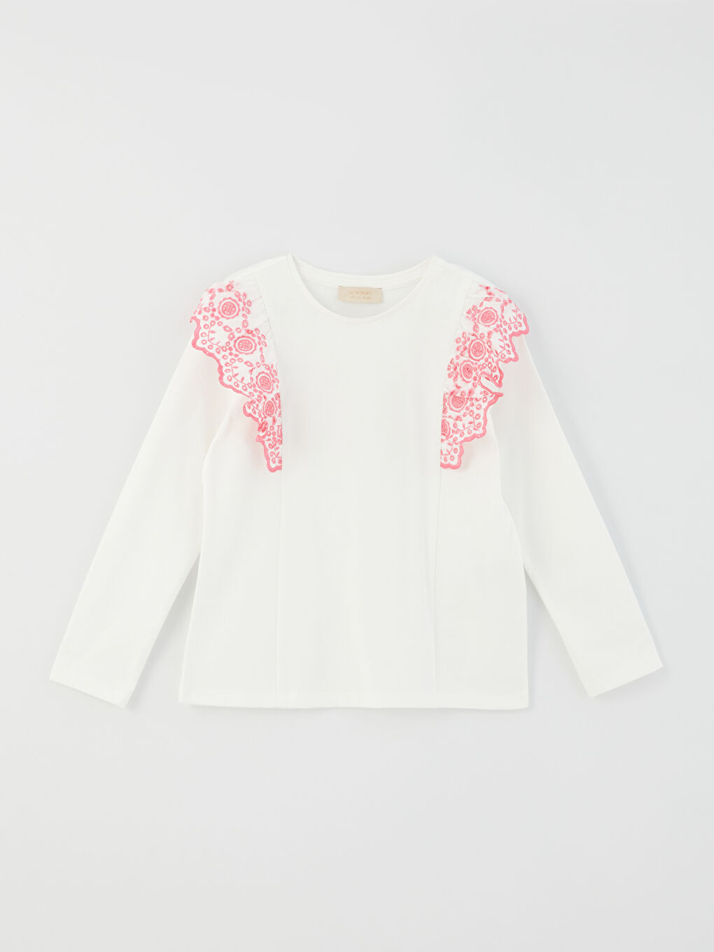 Қыздарға арналған ұзын жең дөңгелек жағалы кестеленген футболка