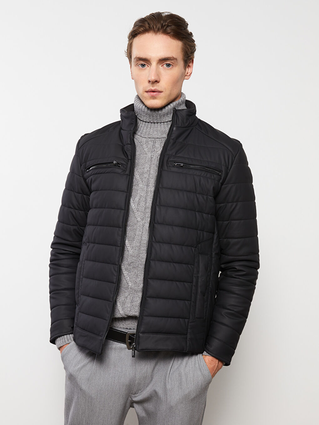 Siyah Standart Kalıp Dik Yaka Erkek Deri Görünümlü Mont