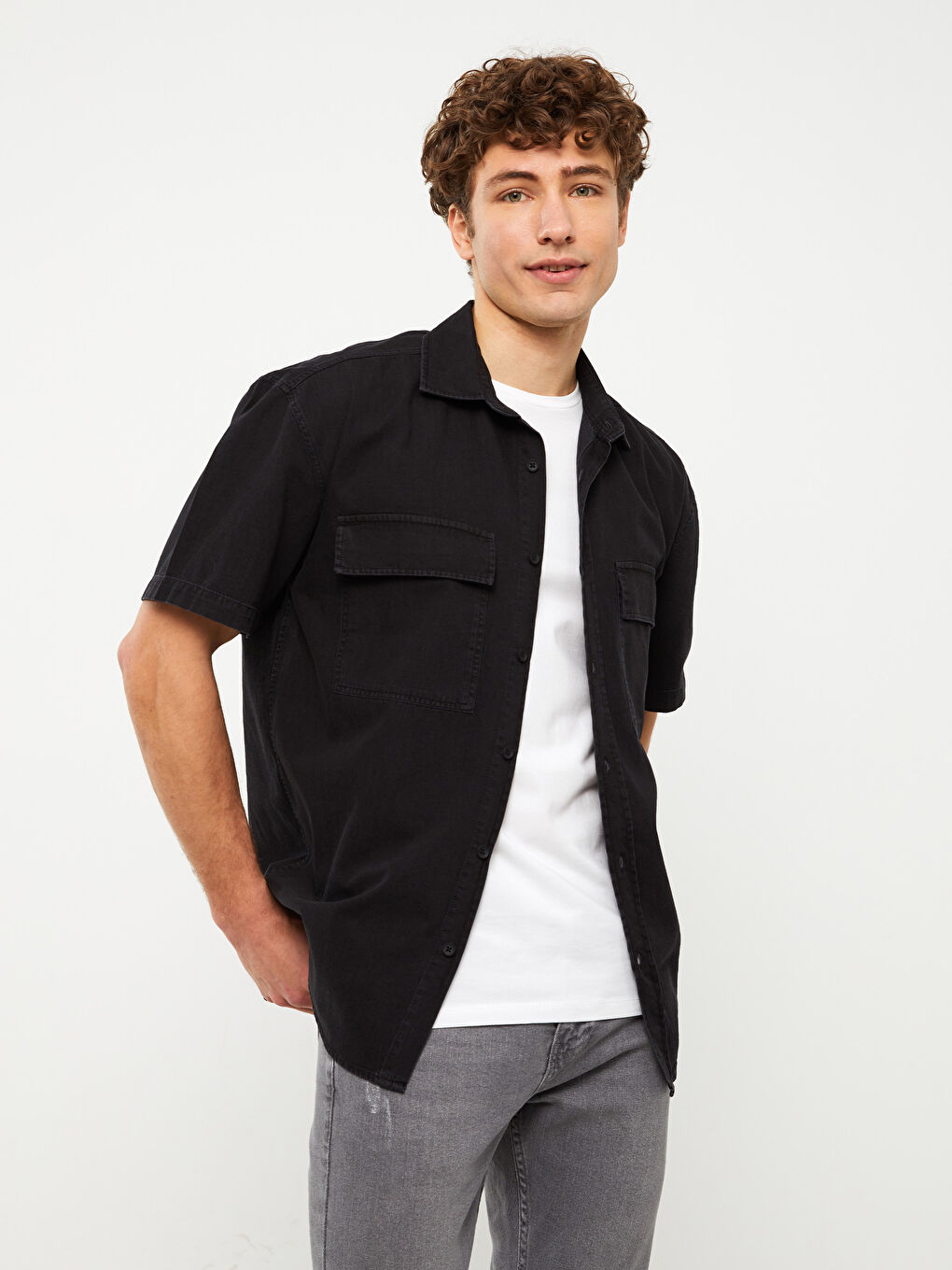 Relaxed Fit Short Sleeve Men's Denim Shirt-1