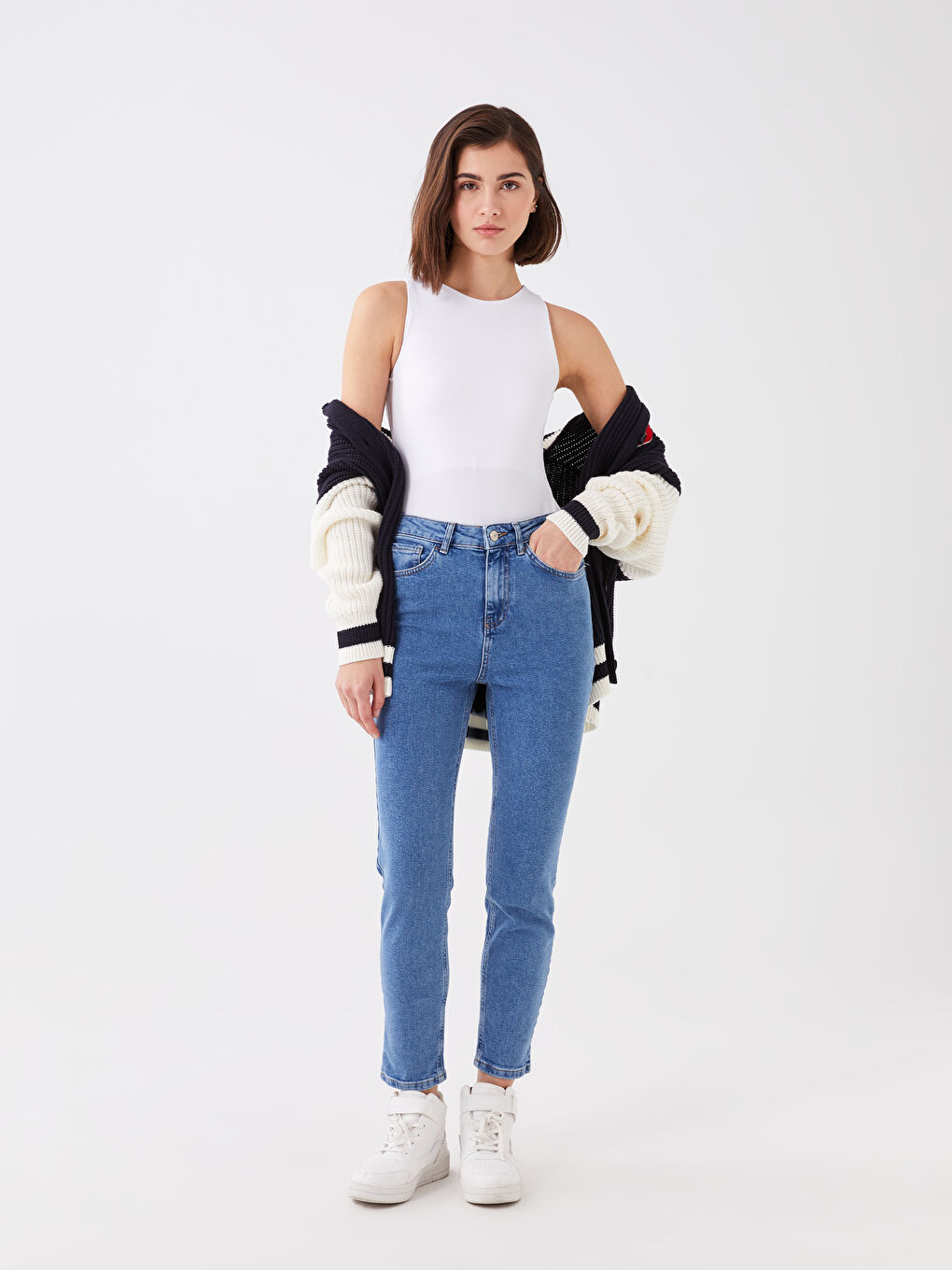 İndigo Yüksek Bel Slim Mom Kadın Jean Pantolon-1