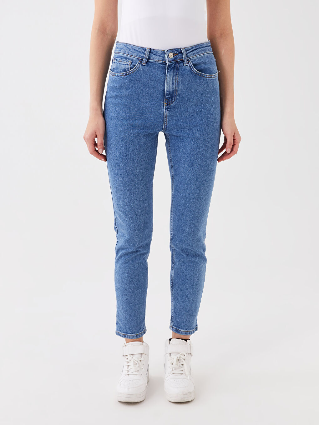 İndigo Yüksek Bel Slim Mom Kadın Jean Pantolon-3