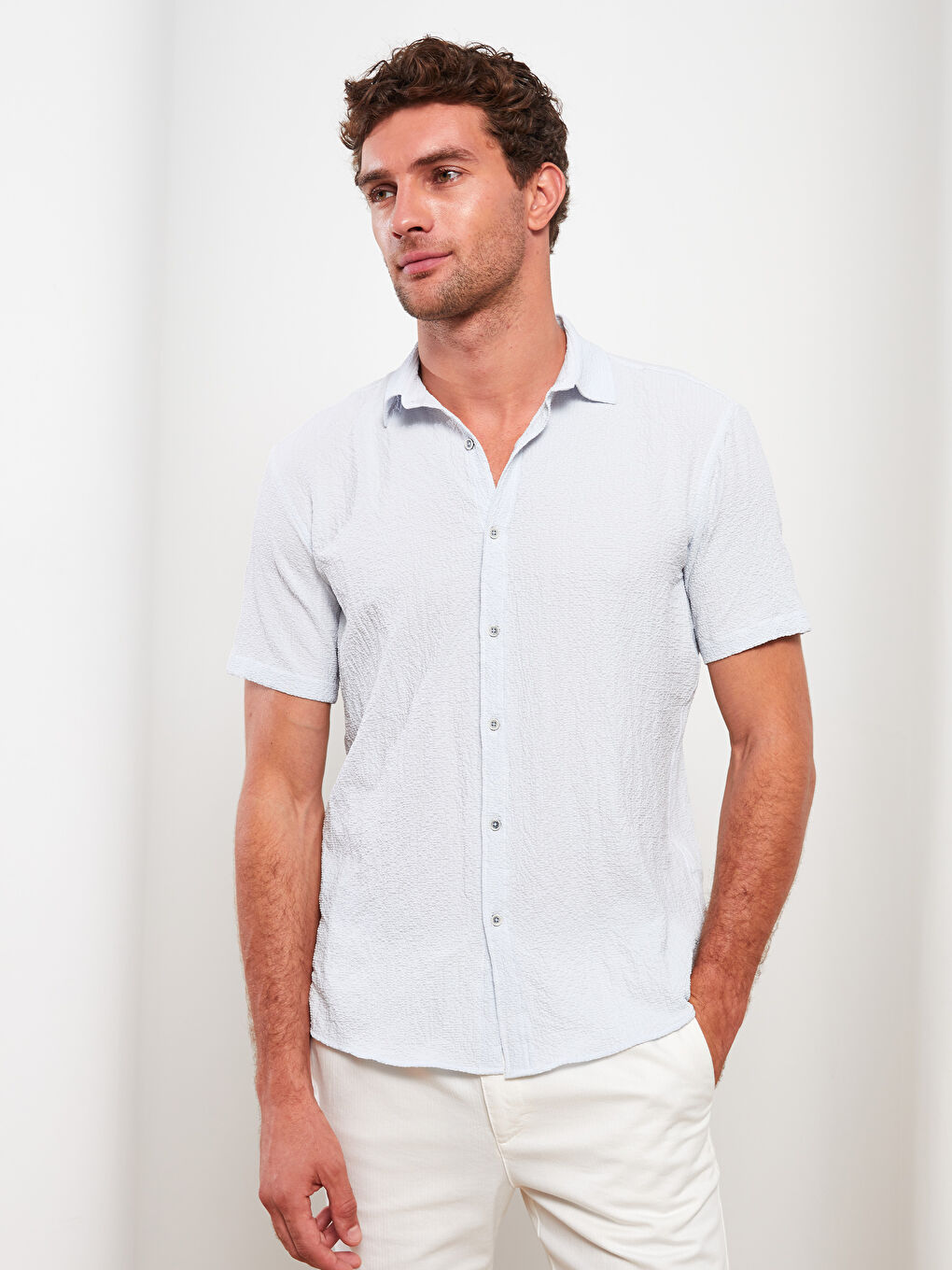 Mavi Rahat Kalıp Kısa Kollu Erkek Gömlek-1