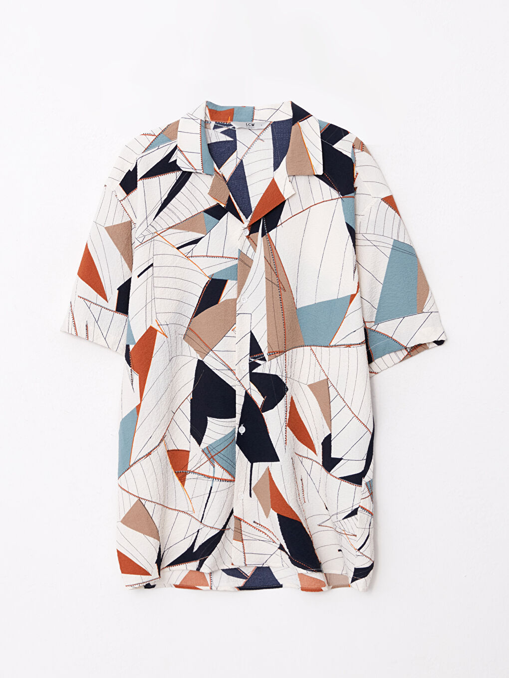 Beyaz Rahat Kalıp Kısa Kollu Desenli Erkek Gömlek-5