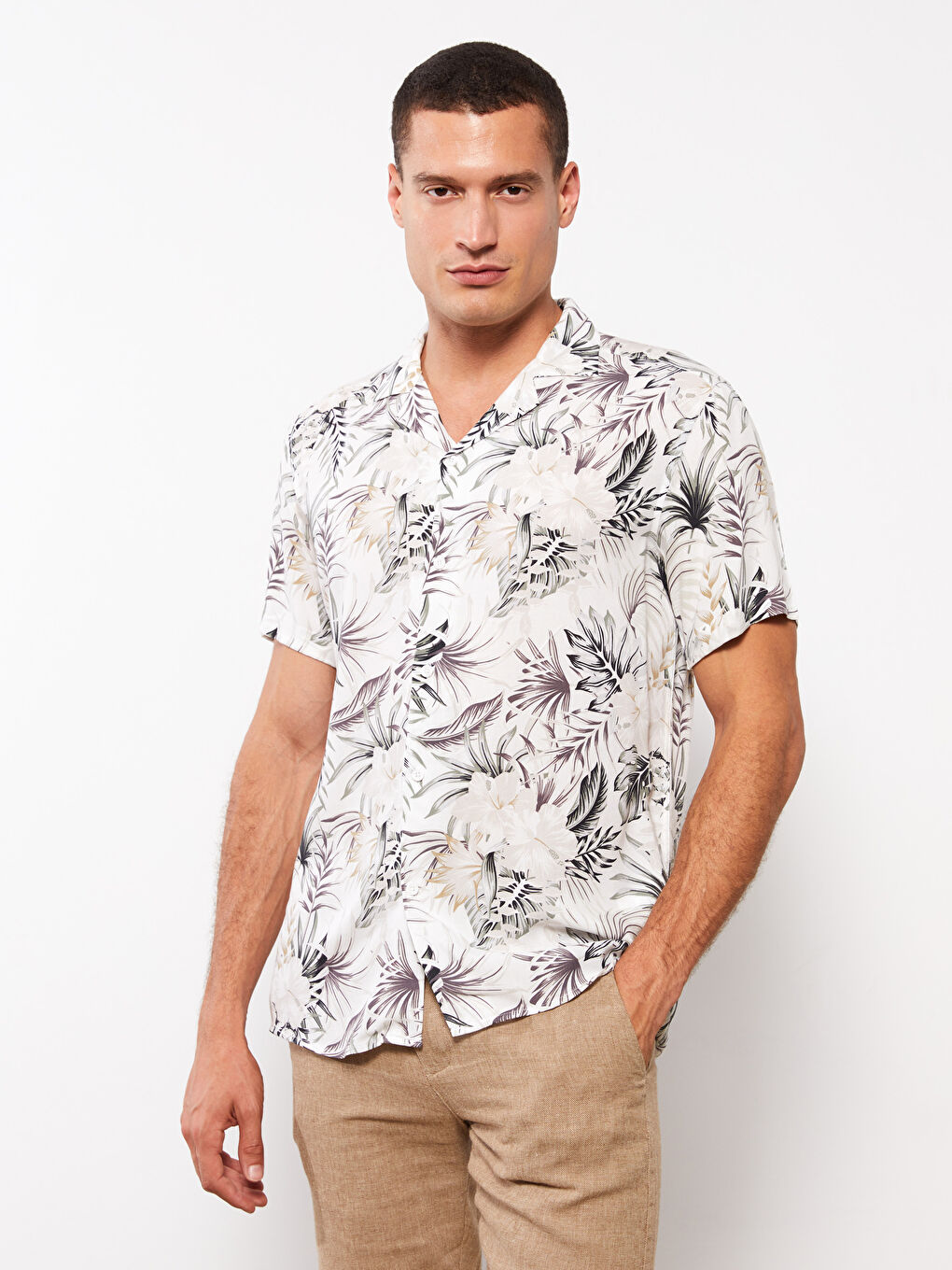 LCW Vision Loose Fit Short Sleeve Patterned Viscose Men's Shirt -S33488Z8-KE8