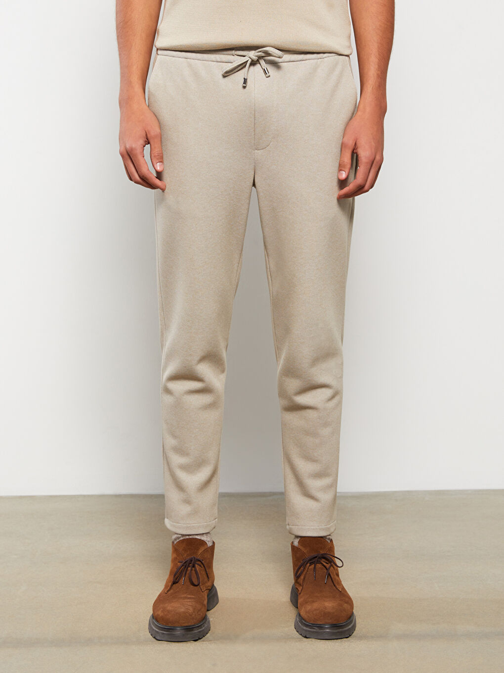 Slim Fit Men's Trousers with Tie Waist Detail-3