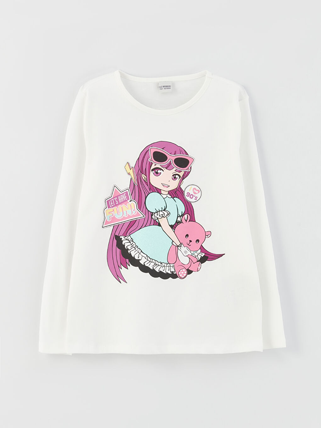 Ekru Bisiklet Yaka Baskılı Uzun Kollu Kız Çocuk Tişört
