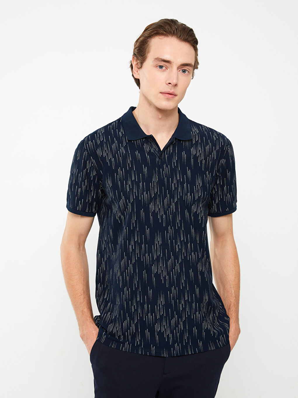 Lacivert Polo Yaka Kısa Kollu Desenli Pike Erkek Tişört