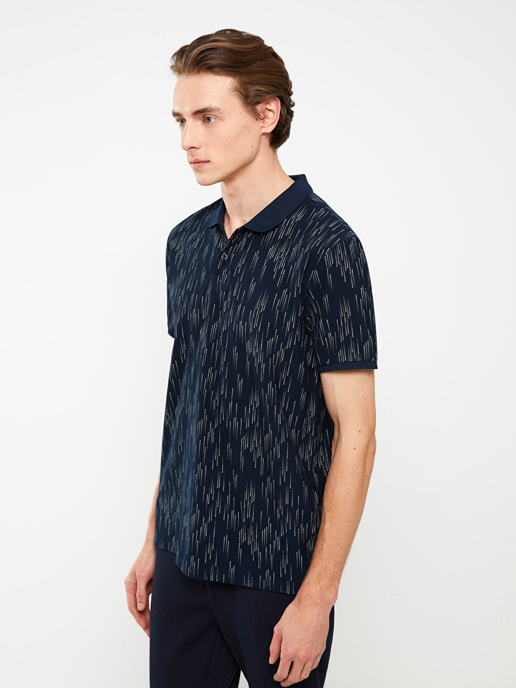 Lacivert Polo Yaka Kısa Kollu Desenli Pike Erkek Tişört-1