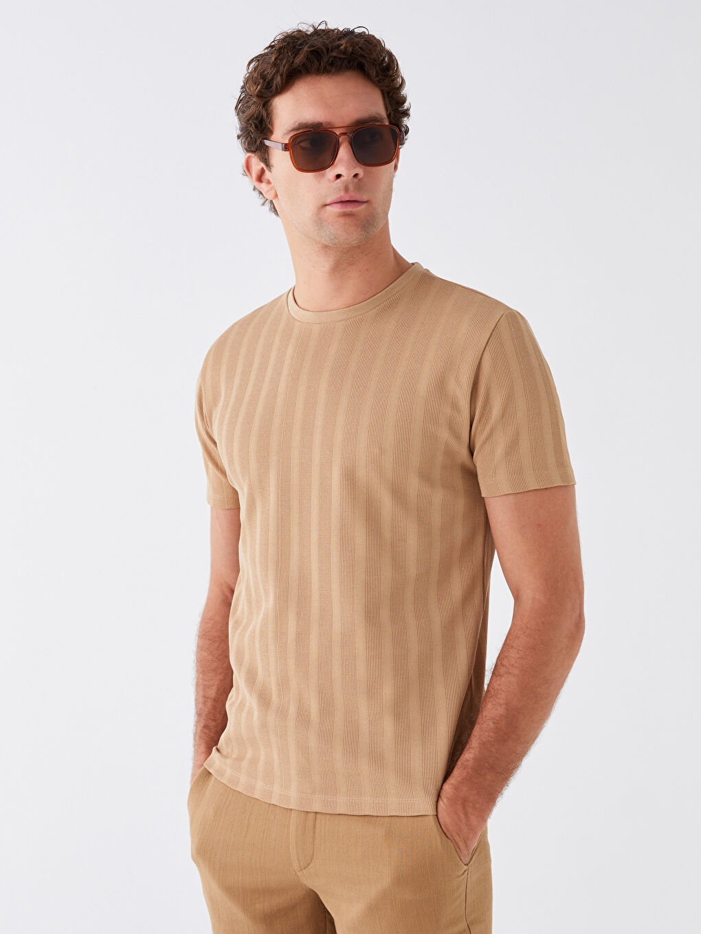 Bej Bisiklet Yaka Kısa Kollu Pike Erkek Tişört