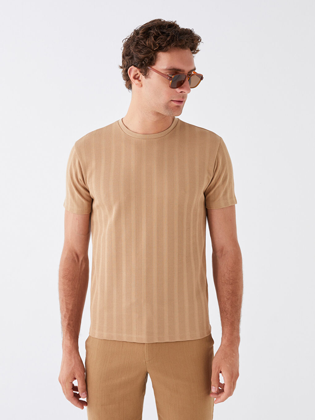 Bej Bisiklet Yaka Kısa Kollu Pike Erkek Tişört-1