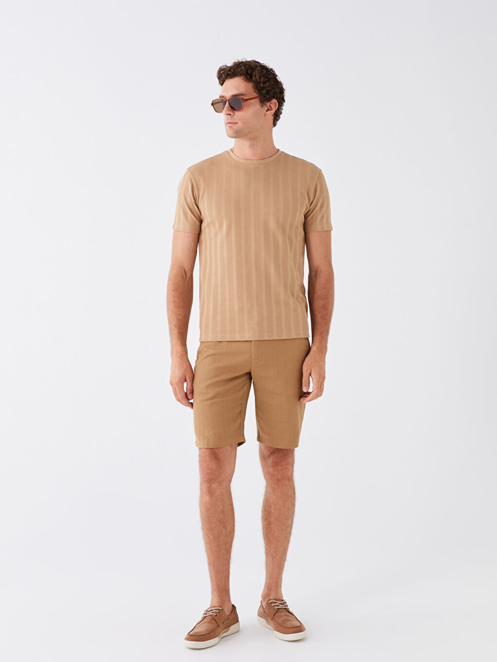 Bej Bisiklet Yaka Kısa Kollu Pike Erkek Tişört-2