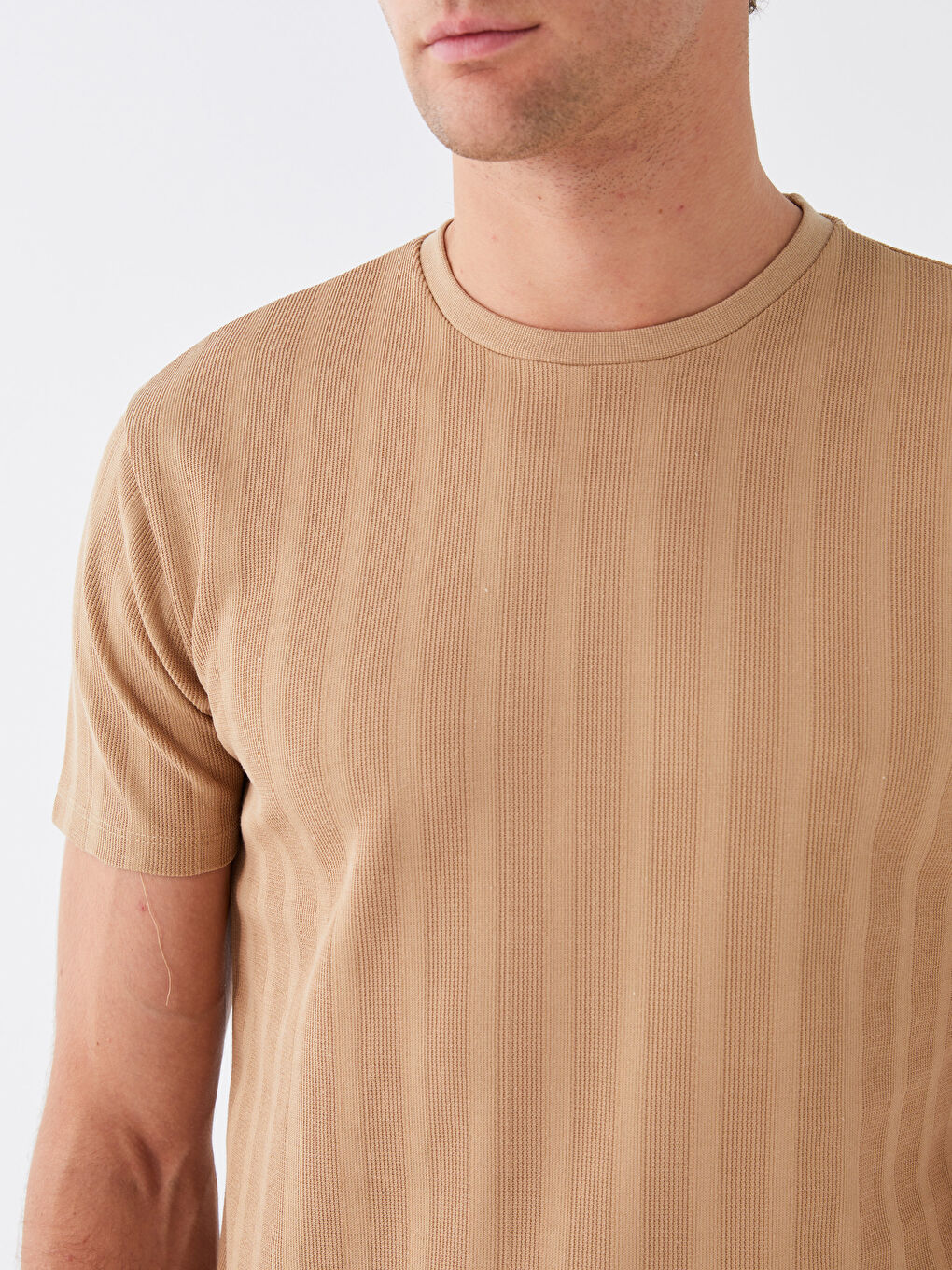 Bej Bisiklet Yaka Kısa Kollu Pike Erkek Tişört-3
