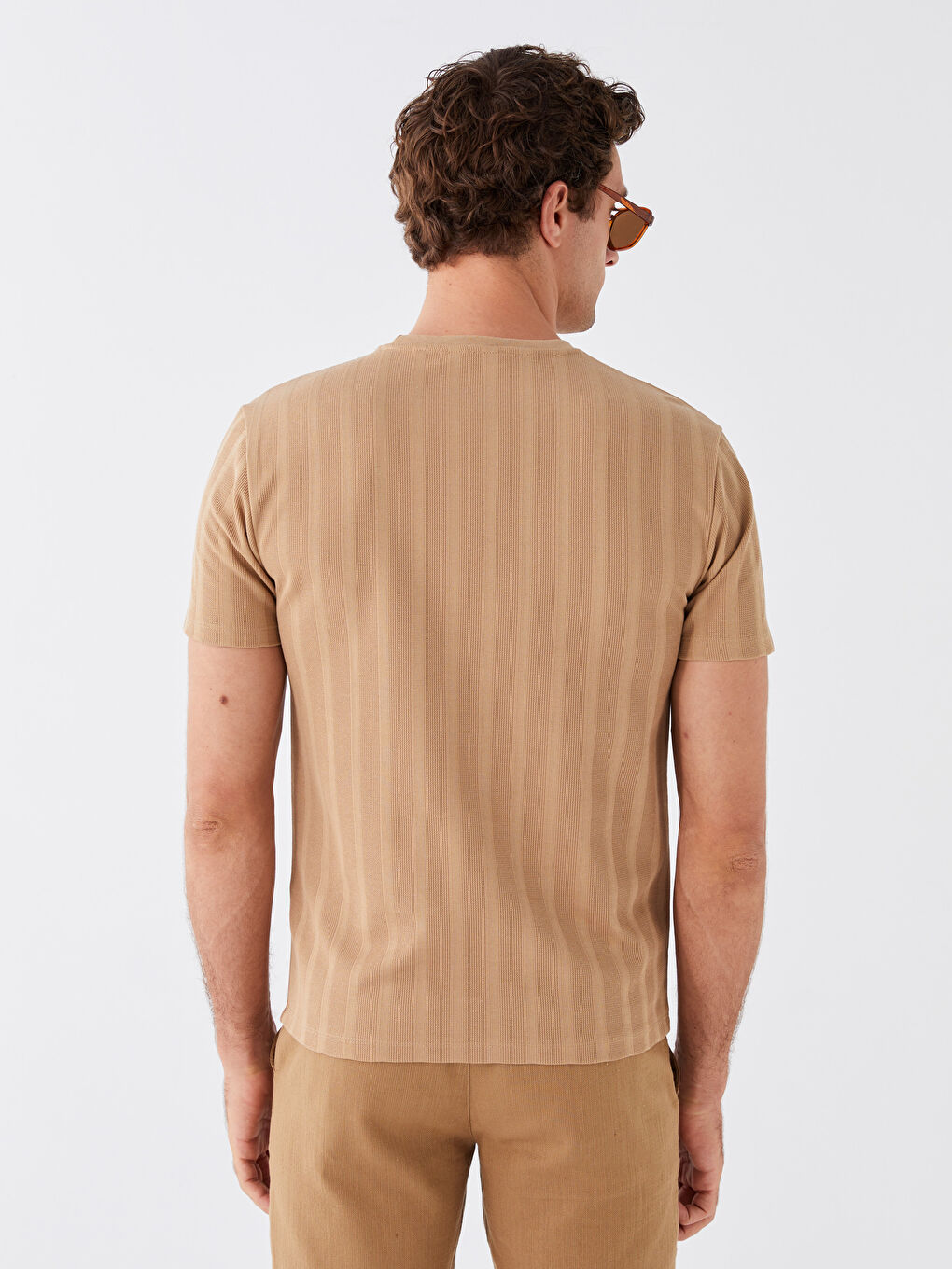 Bej Bisiklet Yaka Kısa Kollu Pike Erkek Tişört-4