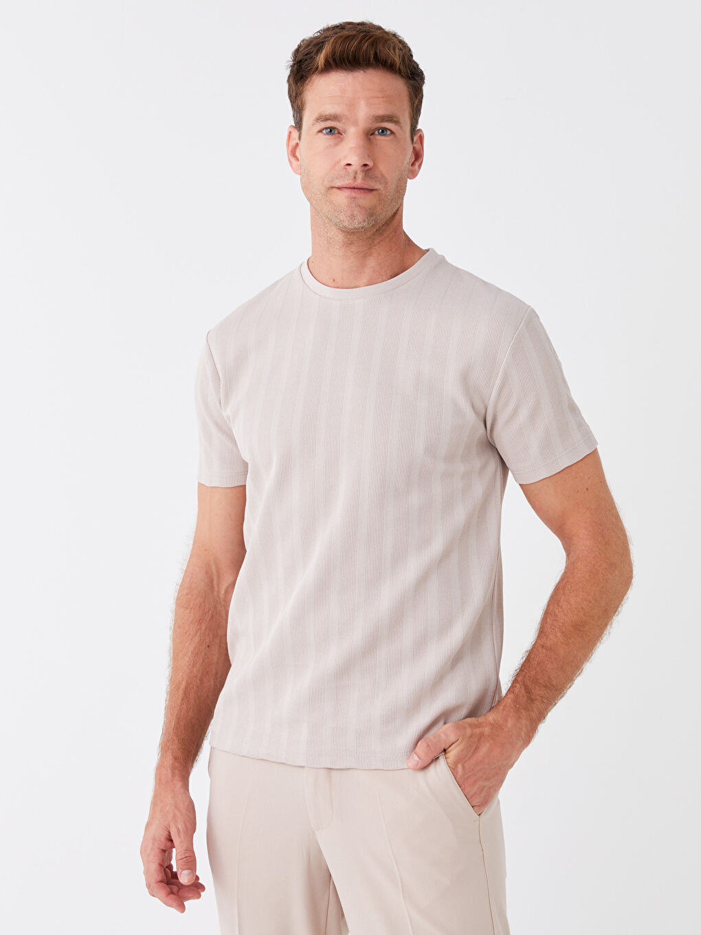 Bej Bisiklet Yaka Kısa Kollu Pike Erkek Tişört-1