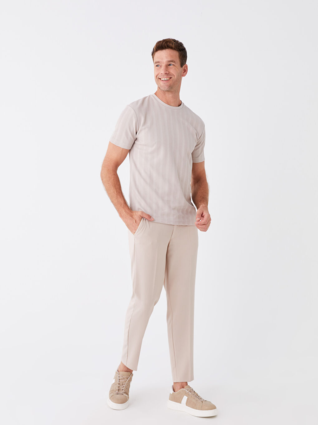 Bej Bisiklet Yaka Kısa Kollu Pike Erkek Tişört-2