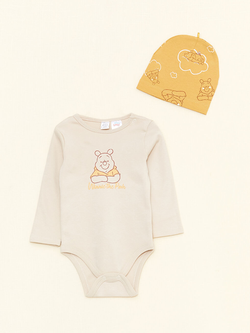 Bej Bisiklet Yaka Uzun Kollu Winnie the Pooh Baskılı Erkek Bebek Hastane Çıkış Seti 3'lü-1