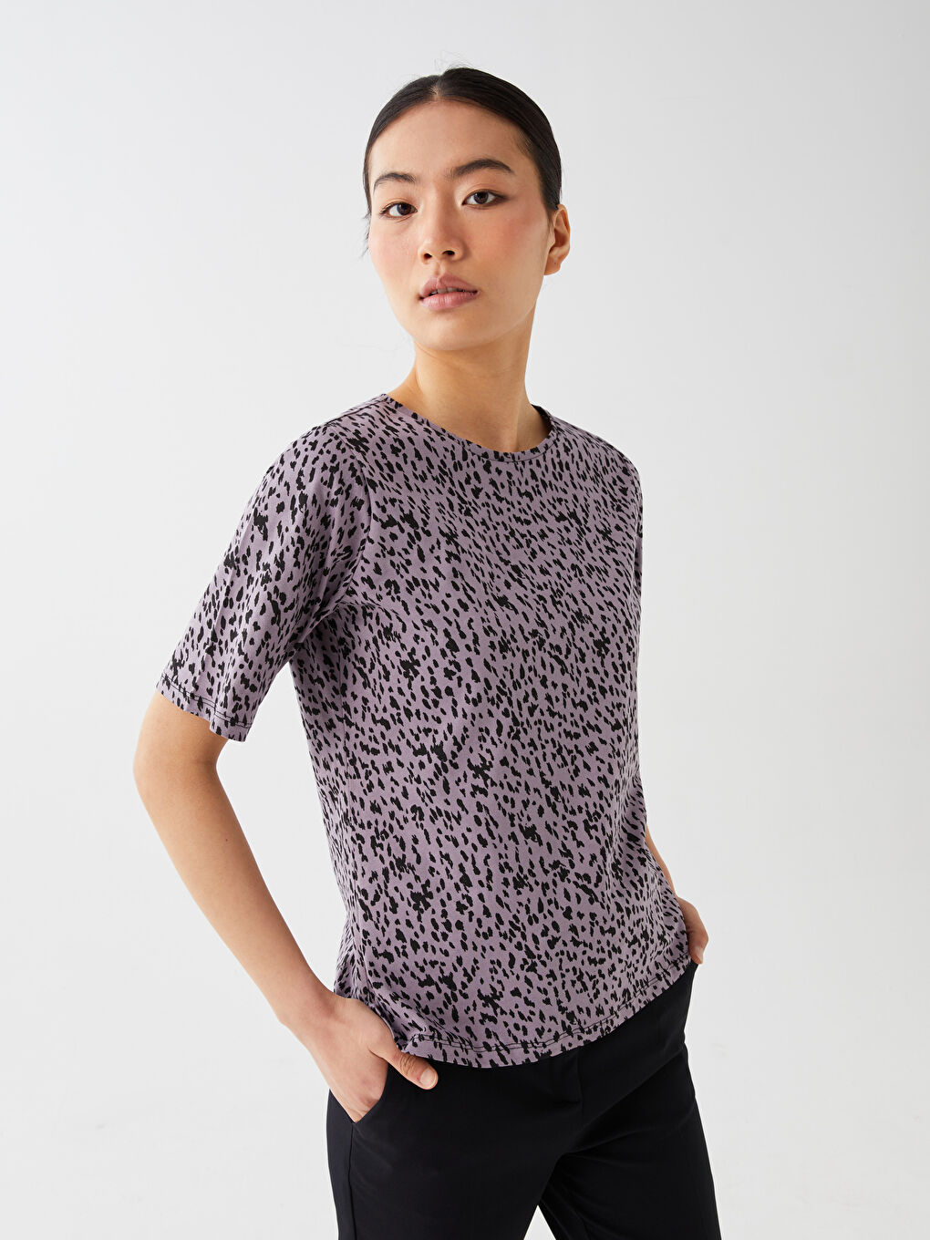 Crew Neck Patterned Short Sleeve Women's T-Shirt -S33569Z8-LSD