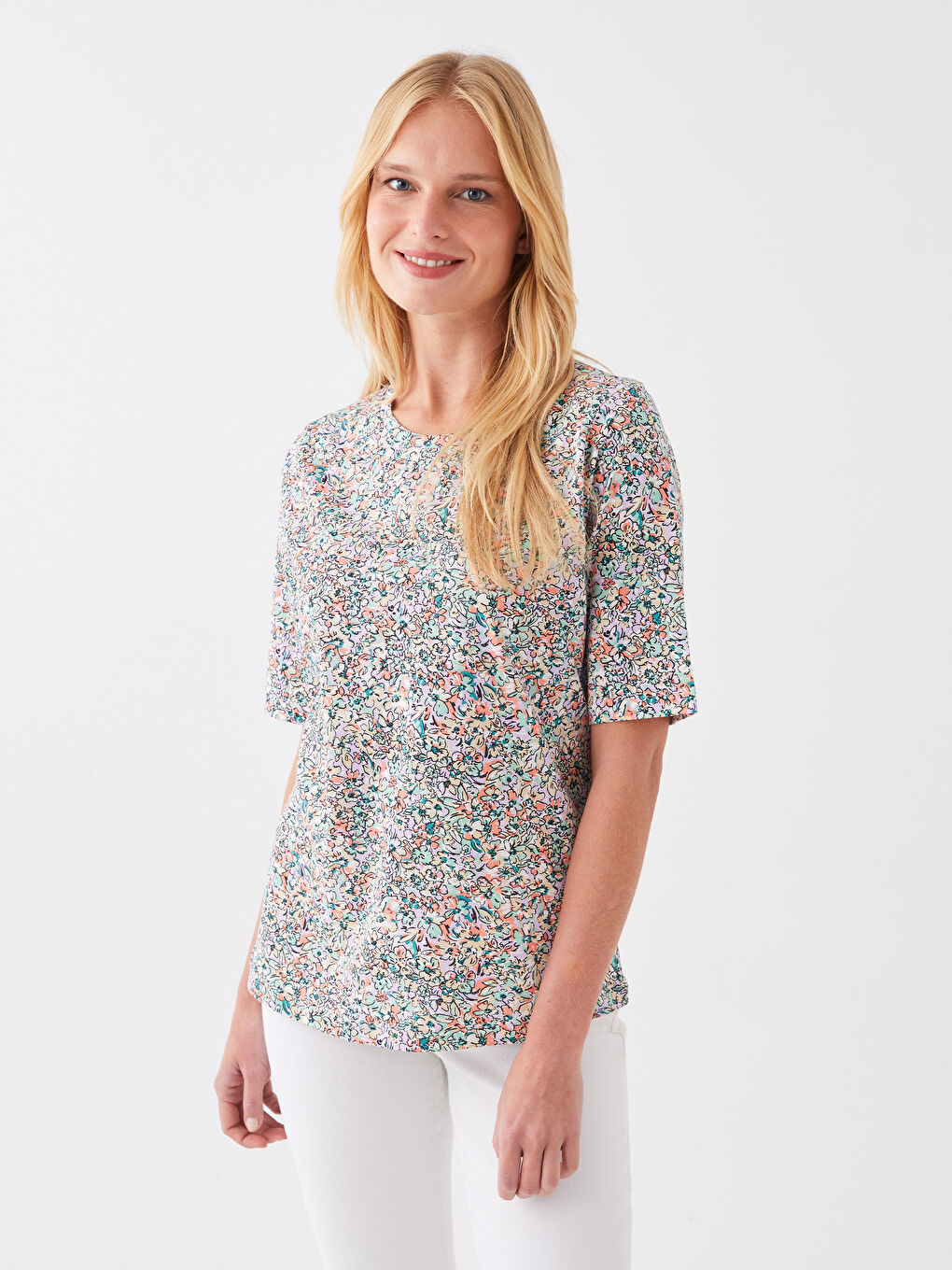 Crew Neck Patterned Short Sleeve Women's T-Shirt