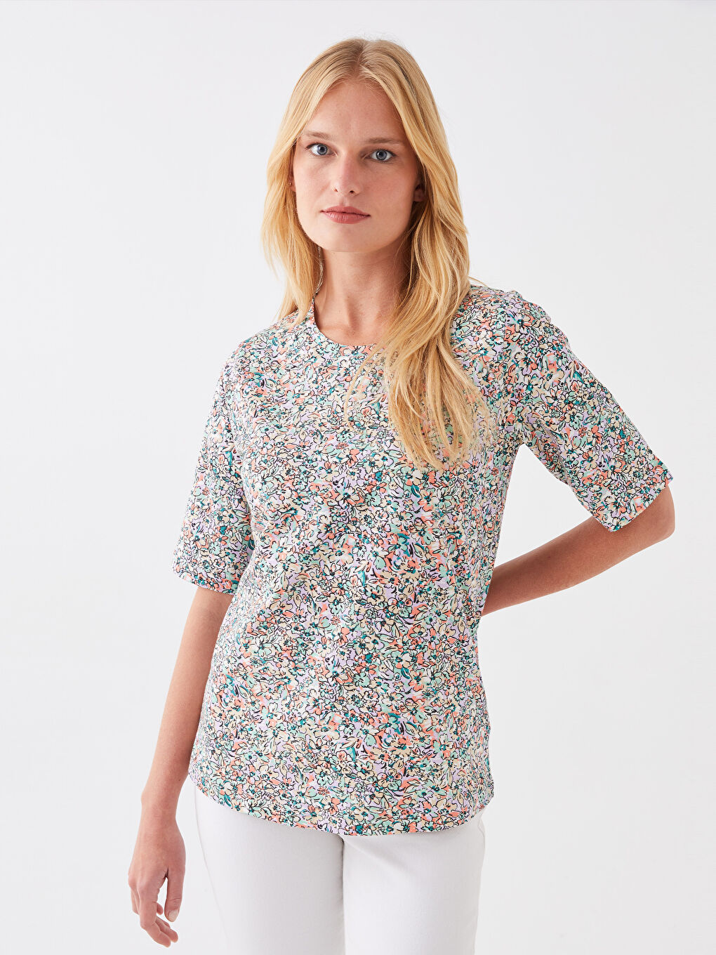 Crew Neck Patterned Short Sleeve Women's T-Shirt-1