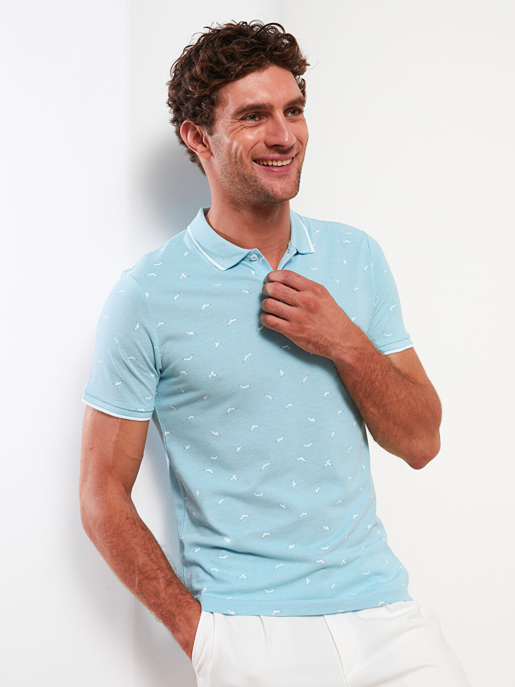 Yeşil Polo Yaka Kısa Kollu Desenli Erkek Tişört