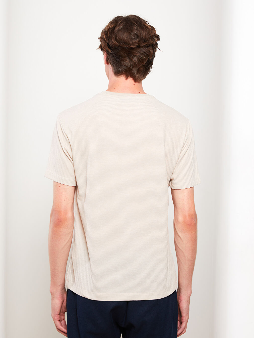 Bej Bisiklet Yaka Kısa Kollu Erkek Tişört-4