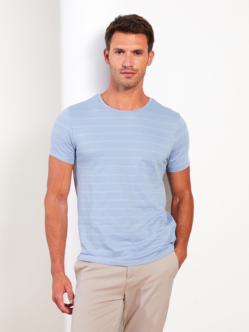 Mavi Bisiklet Yaka Kısa Kollu Çizgili Erkek Tişört