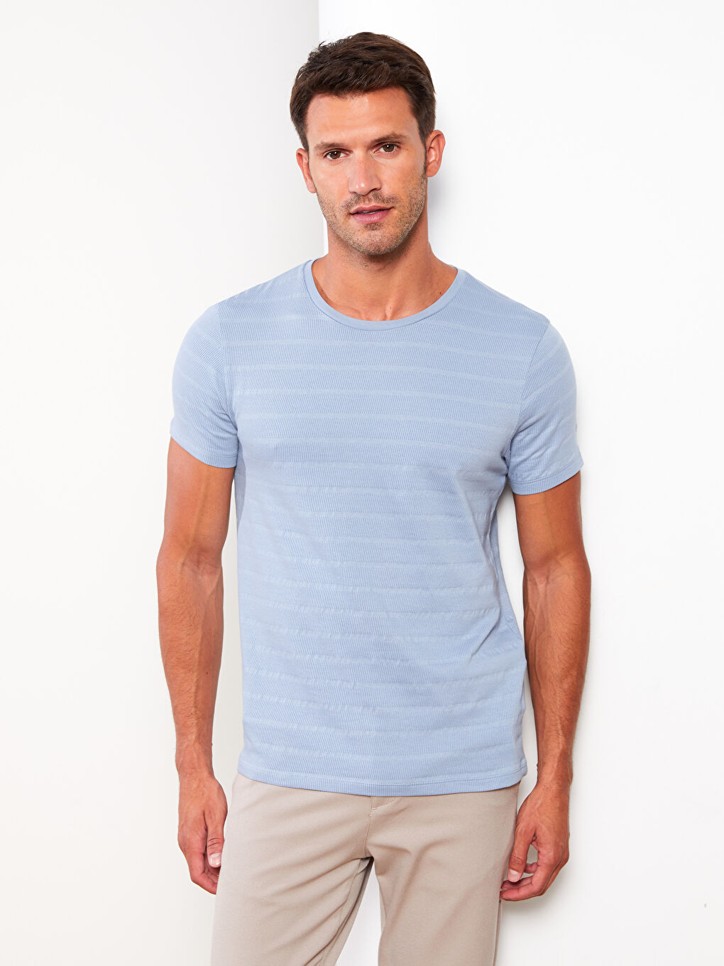 Mavi Bisiklet Yaka Kısa Kollu Çizgili Erkek Tişört-1