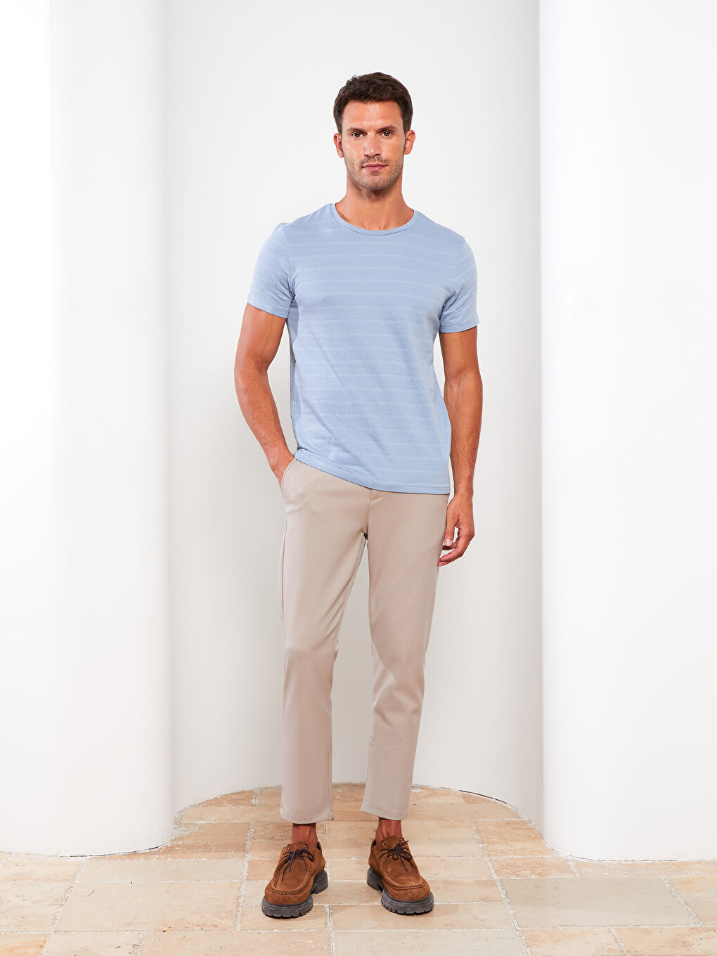 Mavi Bisiklet Yaka Kısa Kollu Çizgili Erkek Tişört-2