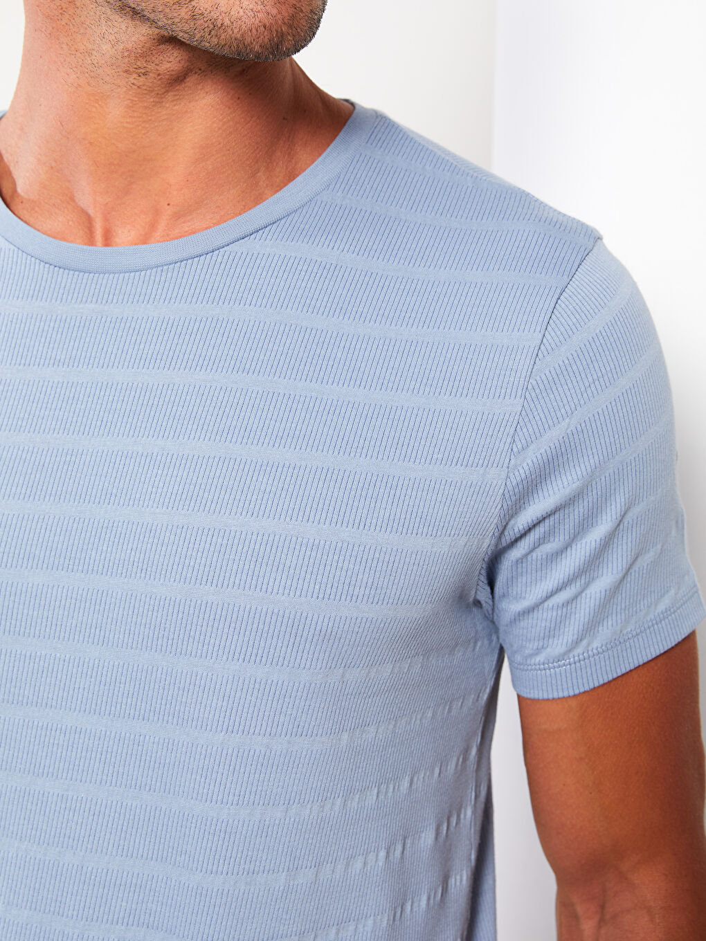 Mavi Bisiklet Yaka Kısa Kollu Çizgili Erkek Tişört-3