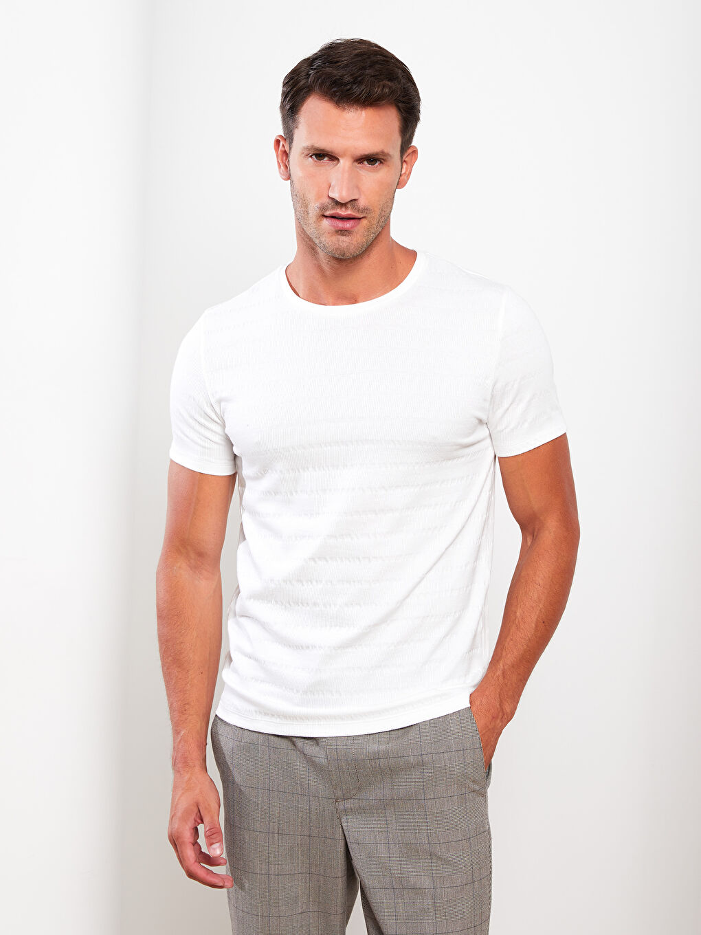 Ekru Bisiklet Yaka Kısa Kollu Çizgili Erkek Tişört-1