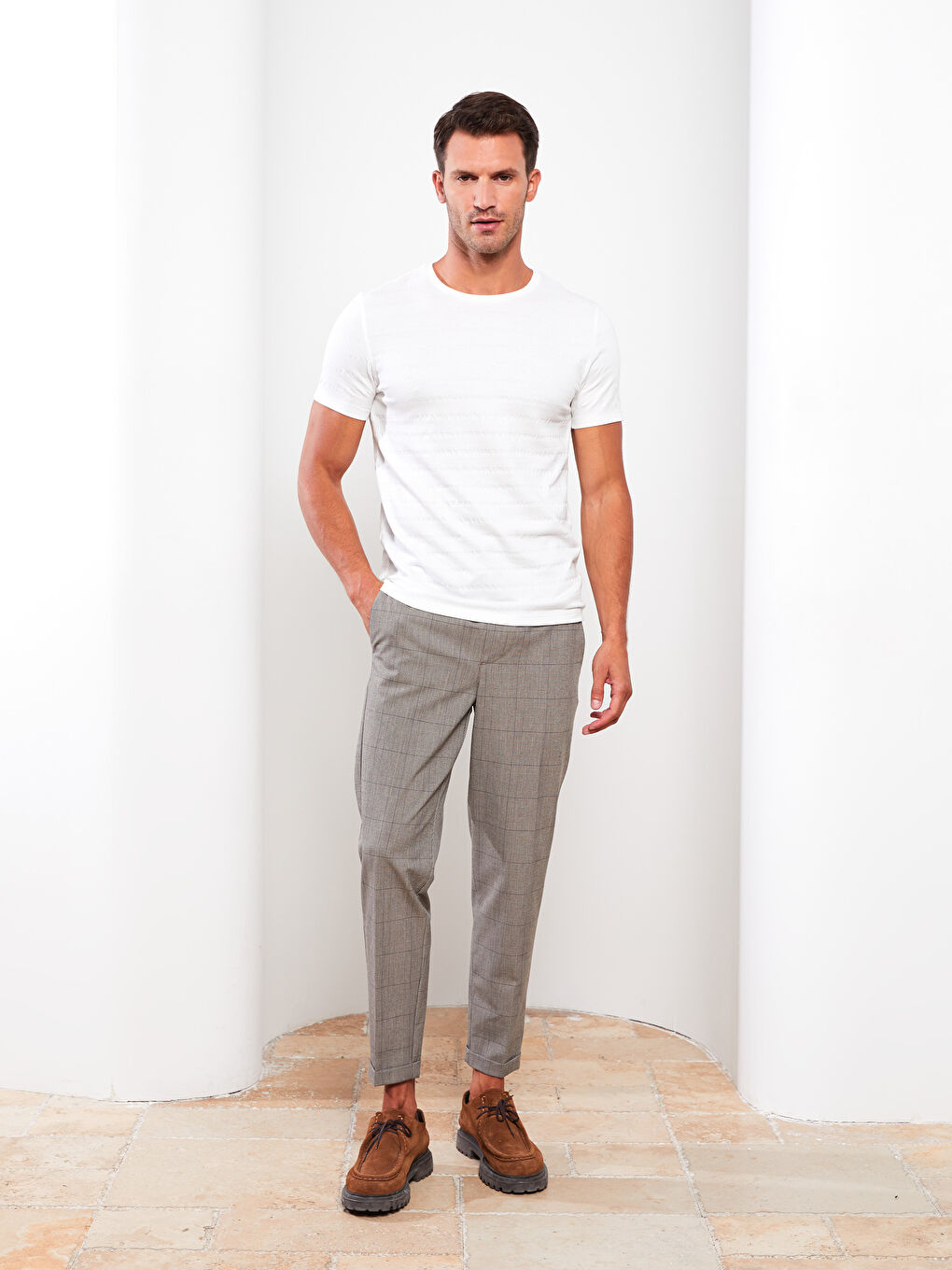 Ekru Bisiklet Yaka Kısa Kollu Çizgili Erkek Tişört-2