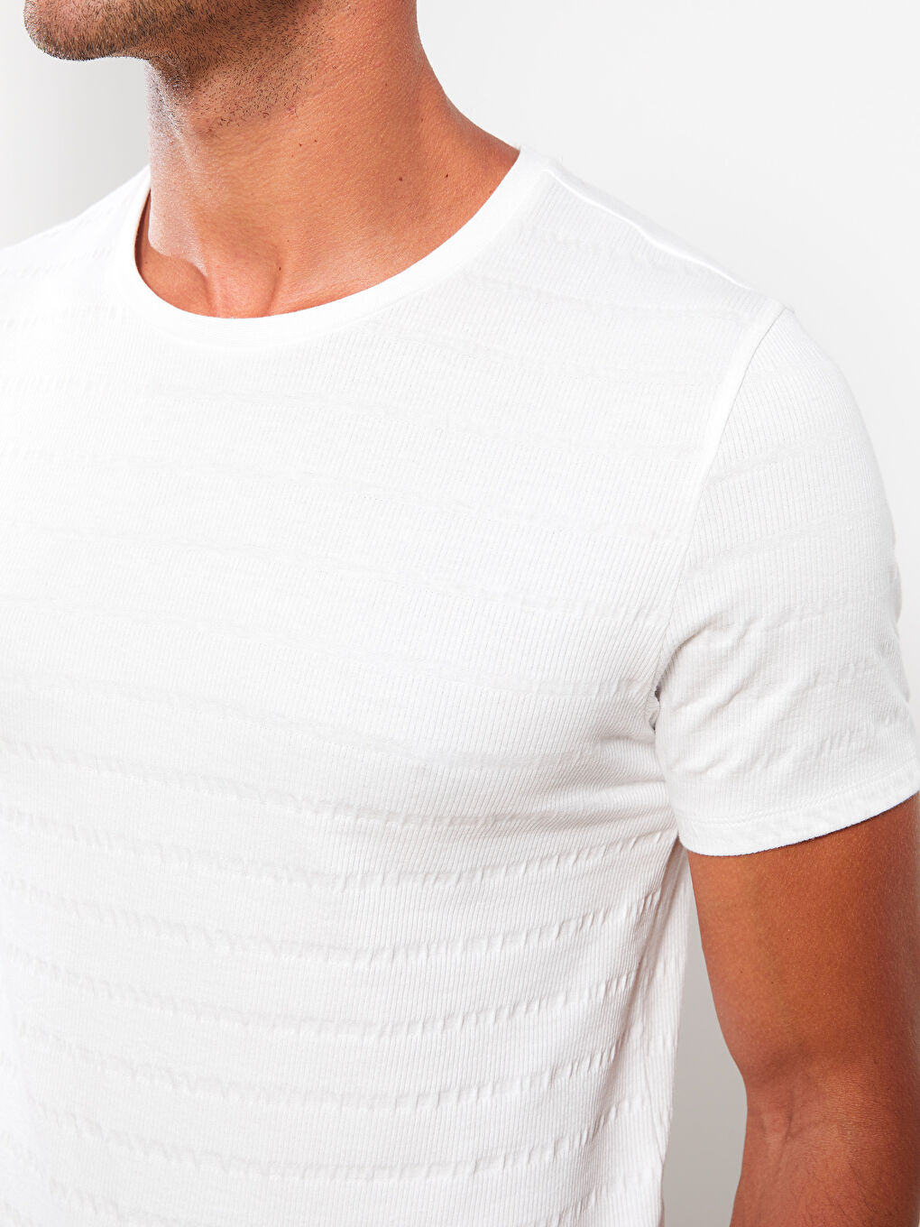 Ekru Bisiklet Yaka Kısa Kollu Çizgili Erkek Tişört-3