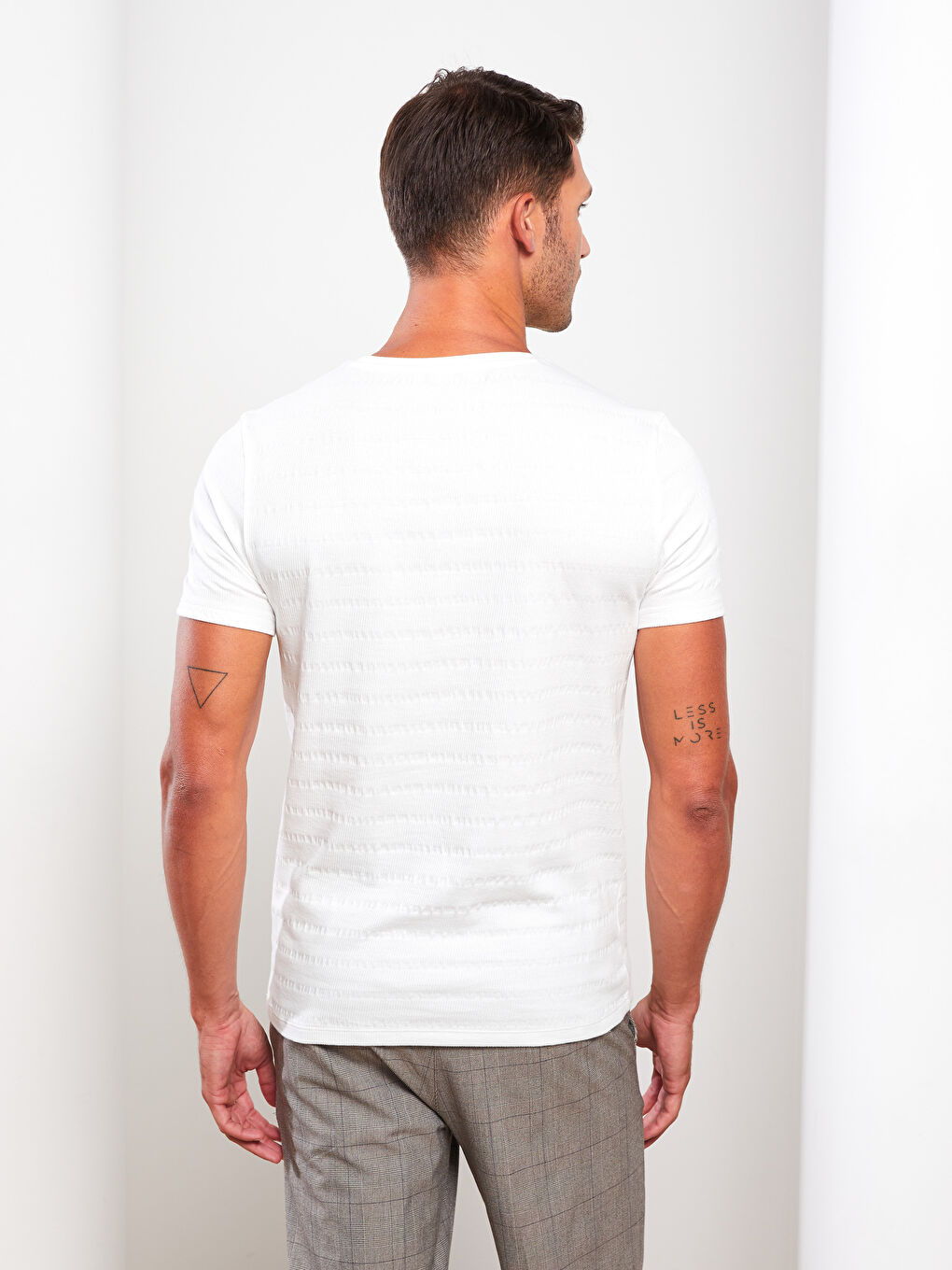 Ekru Bisiklet Yaka Kısa Kollu Çizgili Erkek Tişört-4