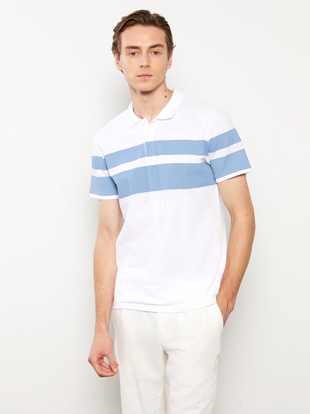 Lacivert Polo Yaka Kısa Kollu Çizgili Pike Erkek Tişört