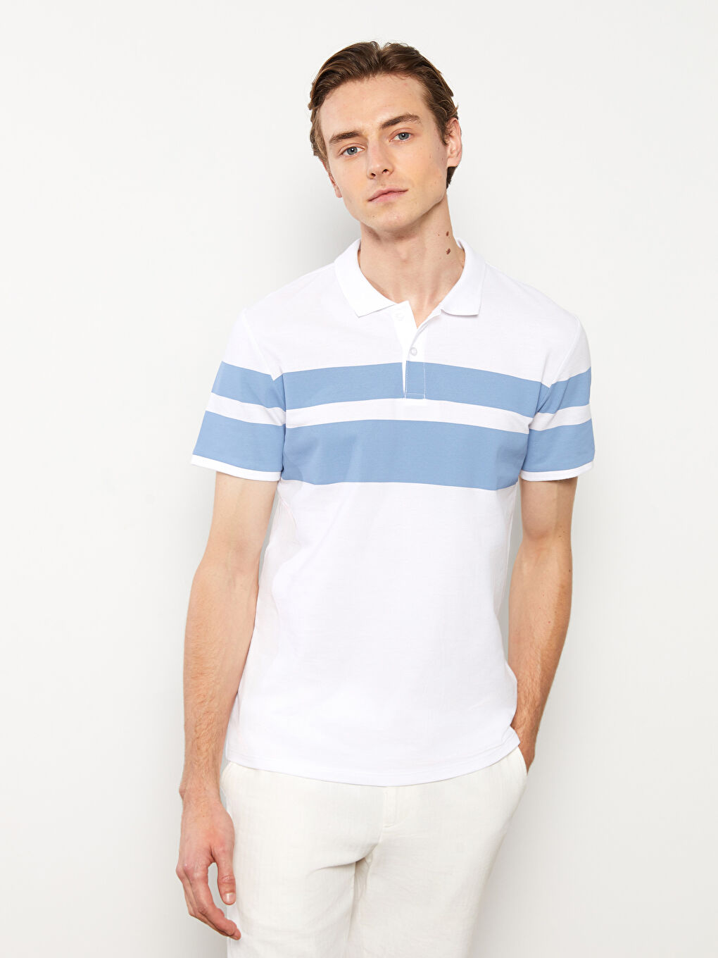 Lacivert Polo Yaka Kısa Kollu Çizgili Pike Erkek Tişört-1