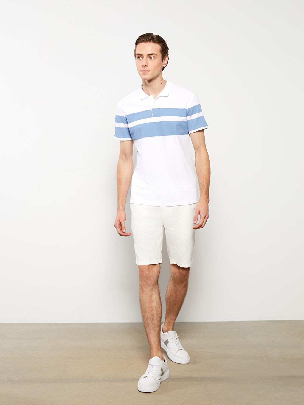 Lacivert Polo Yaka Kısa Kollu Çizgili Pike Erkek Tişört-2