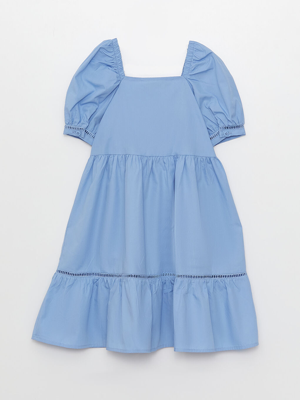 Square Neck Basic Short Sleeve Poplin Girls Dress-1