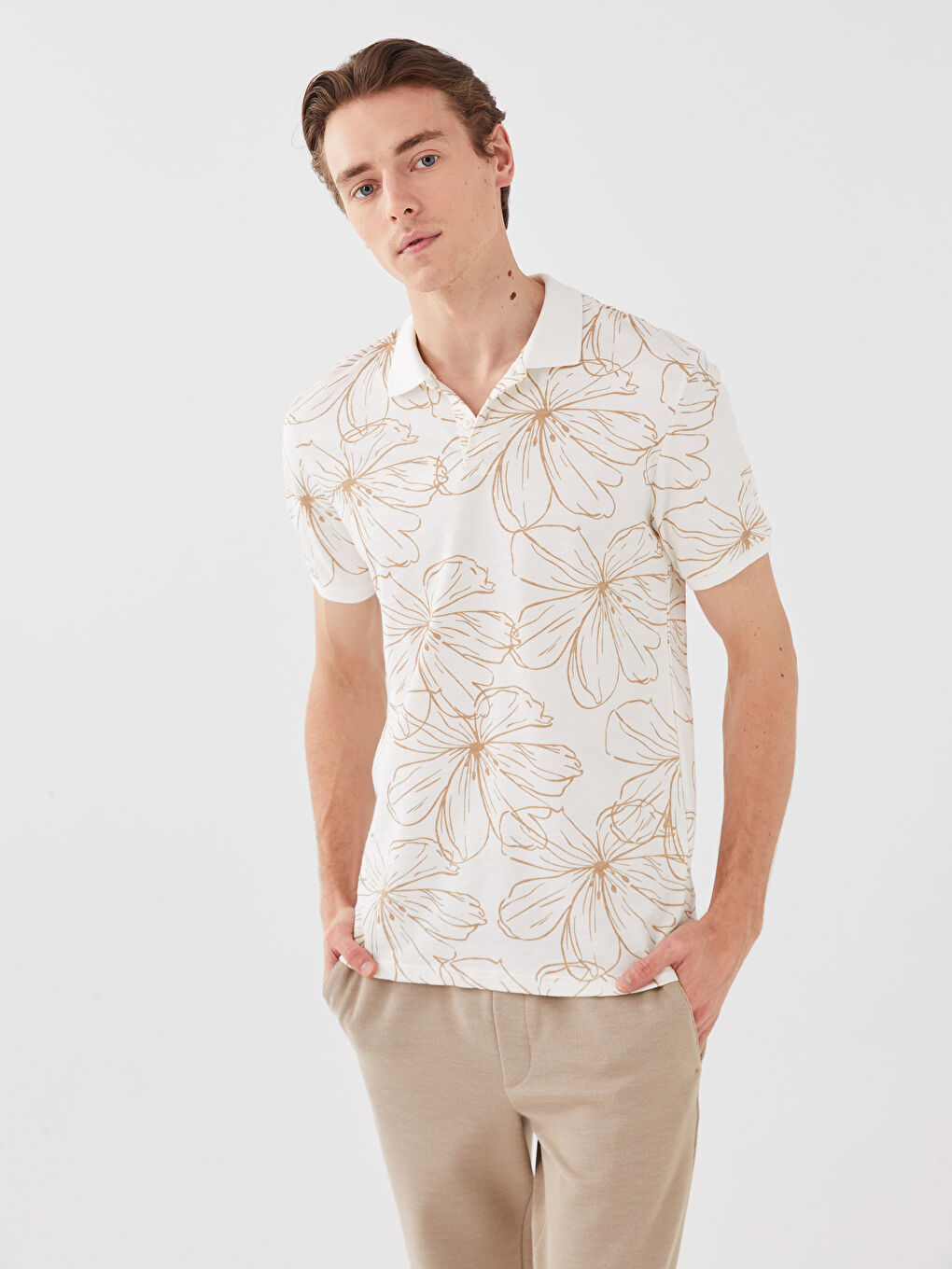 Ekru Polo Yaka Kısa Kollu Desenli Pike Erkek Tişört-1