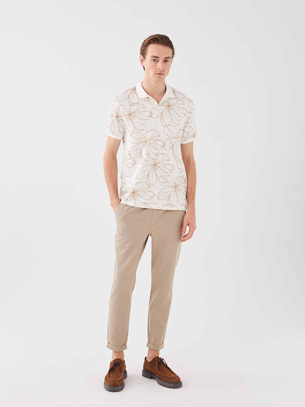 Ekru Polo Yaka Kısa Kollu Desenli Pike Erkek Tişört-2