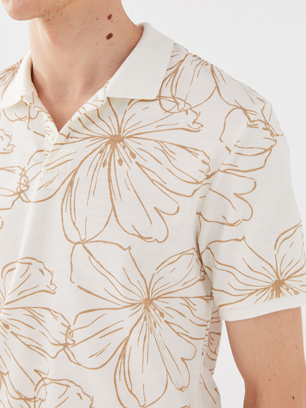 Ekru Polo Yaka Kısa Kollu Desenli Pike Erkek Tişört-3