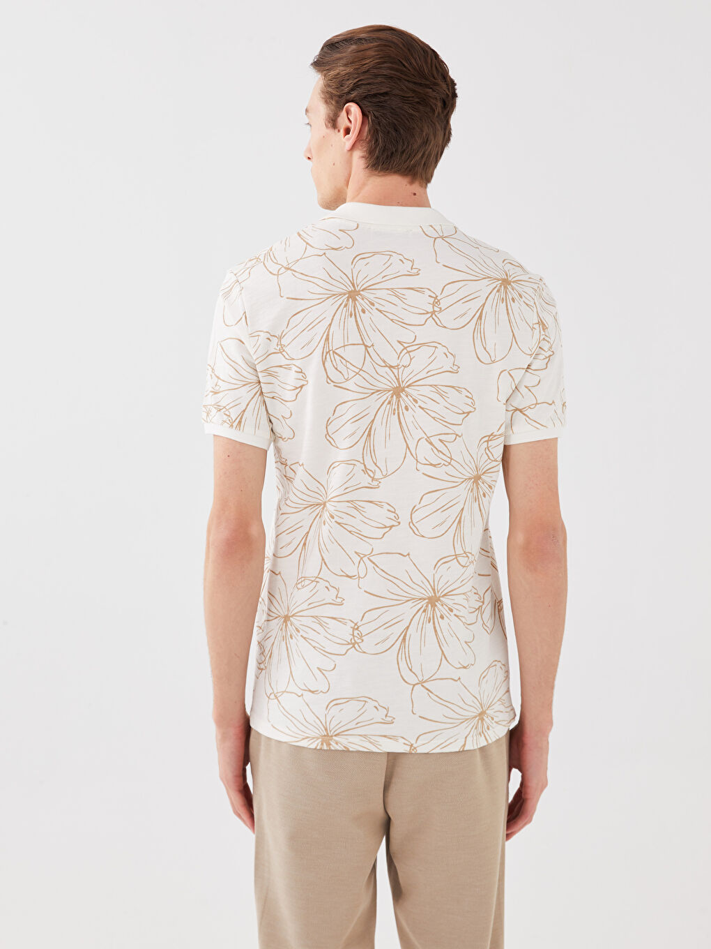 Ekru Polo Yaka Kısa Kollu Desenli Pike Erkek Tişört-4