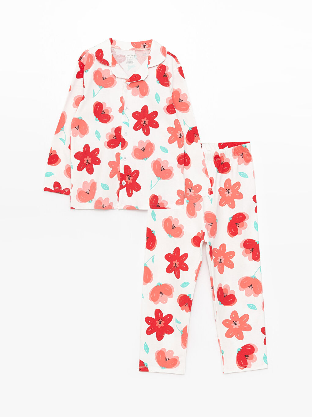 طقم بيجامة للبنات الصغيرات بياقة بولو وكم طويل منقوش