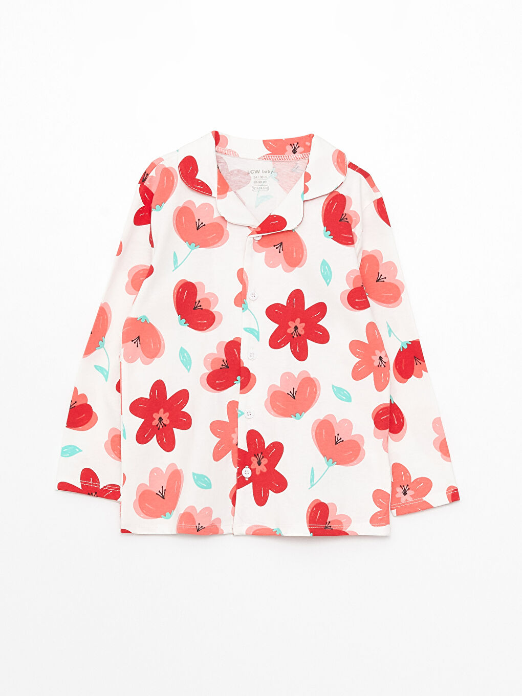 طقم بيجامة للبنات الصغيرات بياقة بولو وكم طويل منقوش-1