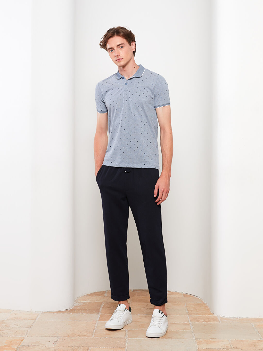 Mavi Polo Yaka Kısa Kollu Desenli Pike Erkek Tişört