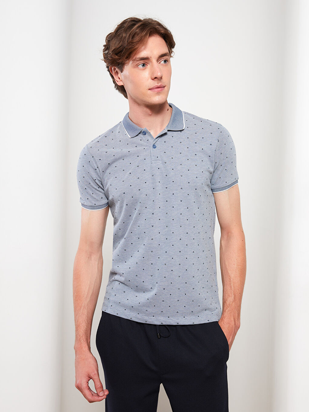 Mavi Polo Yaka Kısa Kollu Desenli Pike Erkek Tişört-1