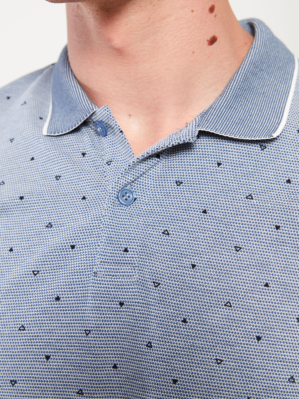 Mavi Polo Yaka Kısa Kollu Desenli Pike Erkek Tişört-3