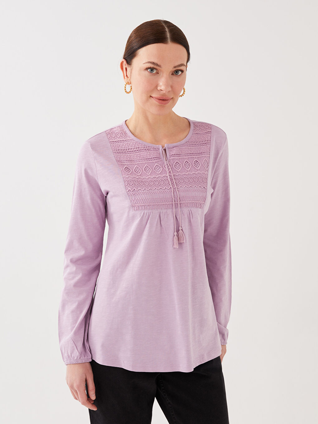 Lila Bağlamalı Yaka Nakışlı Uzun Kollu Kadın Bluz-1